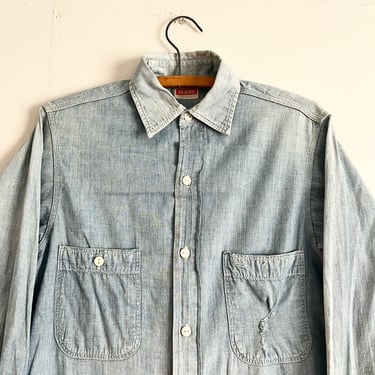 Vintage 50s Penneys Ox Hide Sanforized Chambray Button Up Distressed Repaired Faded Work Wear Size M 