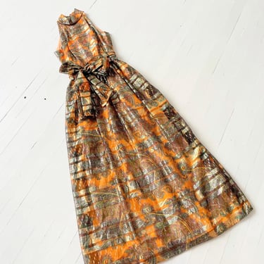 1970s Metallic Orange + Rainbow Print Chiffon Halter Neck Gown with Big Bow Waist 