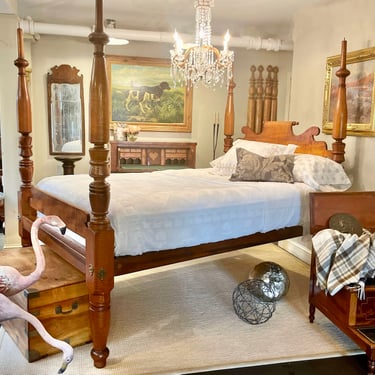 Folksy Country Sheraton Tall Post Bed in Tiger Maple with Sheaf of Wheat Turnings, Original Roll-Back, Ram's Ear Headboard, Standard Queen Size Mattress on Platform, Circa 1820