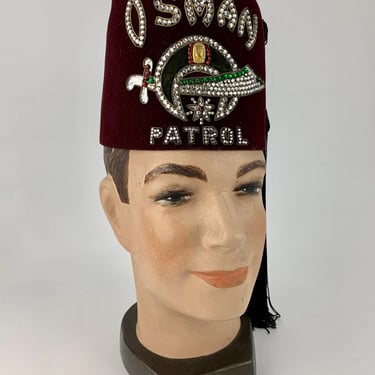 1940'S Shriner's Fez - OSMAN PATROL - with Prong Set Rhinestones - Red Wool Felt with Black Tassel - Made by Wolf~Brown Inc. 