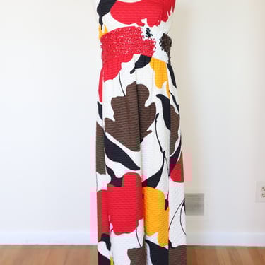 1960s Tori Ridaard Honolulu Floral Mosaic Waffle Dress