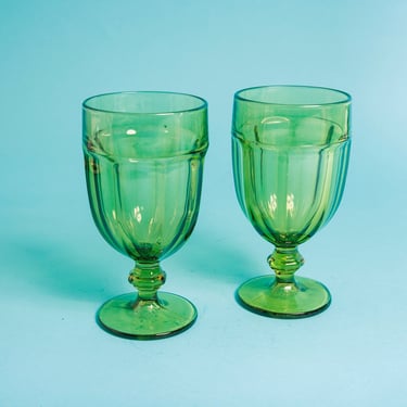 Set of 2 Vintage 70s Olive Green Crystal Glass Goblet Cups 