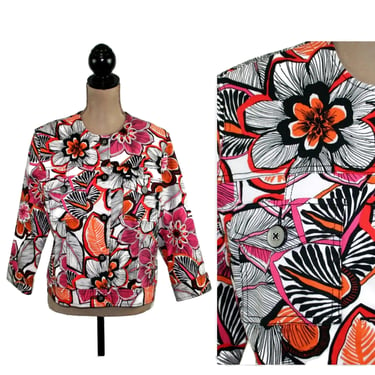 Y2K Floral Cotton Jacket Large, 3/4 Sleeve Bold Mod Colorful Print, Black White + Hot Pink Orange, 2000s Clothes for Women Size 14 