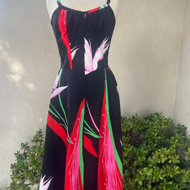 Vintage 70s Hawaiian maxi black dress floral elastic back Sz Small by Malihini Hawaii 