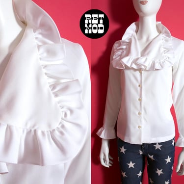 Unique Vintage 60s 70s White Ruffled Collar Long Sleeve Button Down Blouse by Alice Stuart 