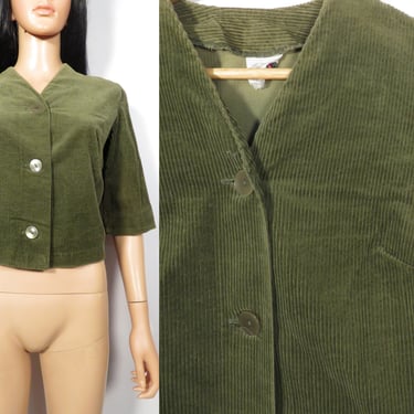 Vintage 60s Olive Green Cropped Corduroy Jacket With Half Sleeves Size M 