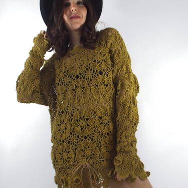 Vintage 90s Sheer Mustard Yellow Crochet Dress 