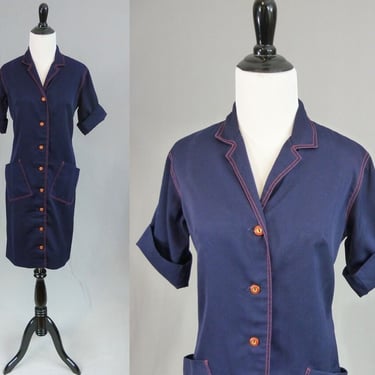 60s 70s Navy Blue Dress - Red Topstitch and Buttons - Uniform? - Westbury Fashions - Vintage 1960s 1970s - S M 
