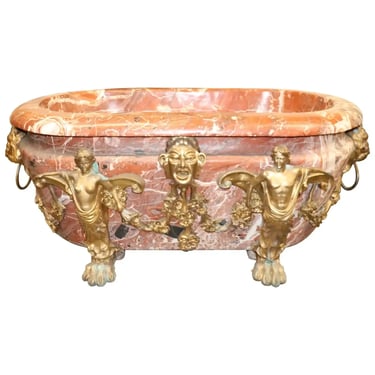 Rare Carved Solid Rouge Marble and Figural Bronze French Bathtub, circa 1930s