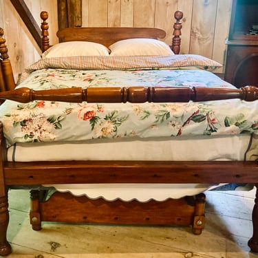 Ball &amp; Bell Bed in Maple, Double Size, Ram's Ear Headboard in Pine, with Turned Blanket Rail, Circa 1830