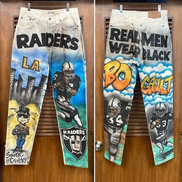 Vintage 1980’s w30 L.A. Raiders Bo Jackson Artwork Hip Hop Denim Football Pop Art Jeans, 80’s Pants, 80’s Artwork, Vintage Clothing 
