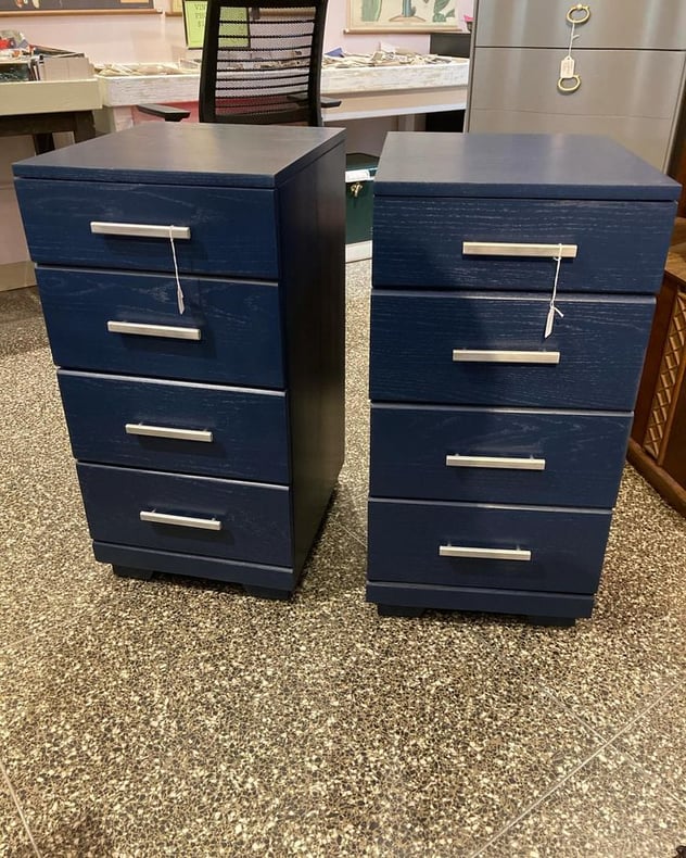 Two tall blue painted 4 drawer nightstands.16” x 19” x 31.5” Call 202-232-8171 to purchase