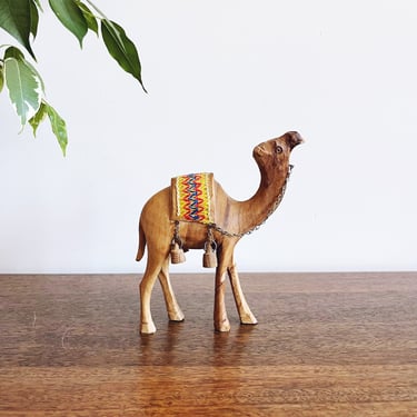 Vintage Hand-Carved Olive Wood Camel Figurine 