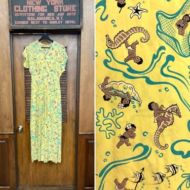 Vintage 1940’s Amazing Cartoon Seahorse Tiki Kid Silky Rayon Hawaiian Dress, Rayon Dress, Hawaiian Dress, Tiki Dress, 1940s Dress, Deco 