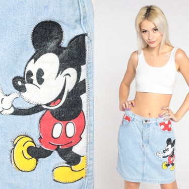 Mickey Mouse Skirt 90s Disney Jean Skirt Denim Mini Skirt Retro Polka Dot Red White Blue Cute Cartoon Kawaii Vintage 1990s Joujou Medium 30 
