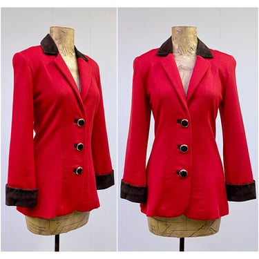 Vintage Red St John Knit Jacket with Brown Suede Trim, Luxe Designer Sportswear, Equestrian Style Princess Seam Blazer, Petite Size 