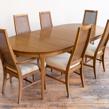 Vintage Mid Century Modern Dining Set - Expandable Table with Three Leaves + Six Cane Back Chairs 