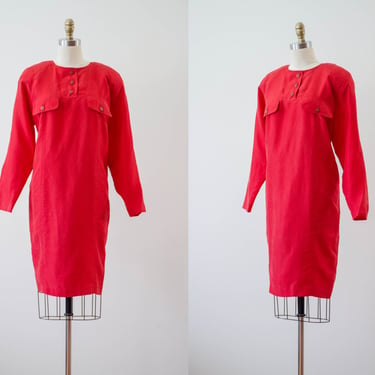 long sleeve red silk dress | 80s 90s vintage scarlet red loose shift knee length dress 