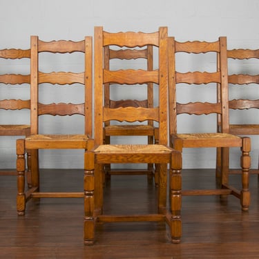 Antique Country French Farmhouse Ladder Back Tiger Oak Rush Seats Dining Chairs - Set of 6 