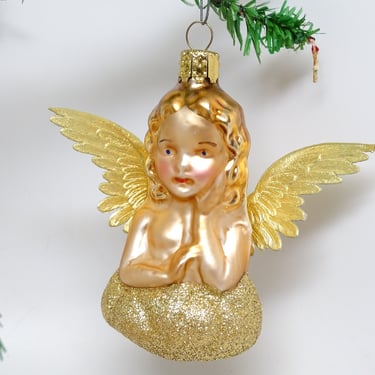 Vintage German Angel Christmas Ornament, Hand Painted Glass with Foil Wings, Nativity Creche or Putz, Germany 