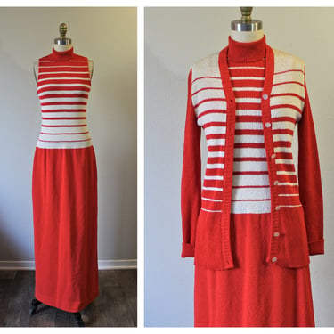 Vintage 1970's Knits By Don Sweater Dress and Matching Cardigan 2 piece // Modern Size US 2 4 6 xs Small 