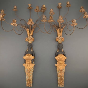 Impressive Large Antique French Empire Egyptian Revival Polychrome Gilt Wood Nine Candle Sconces 