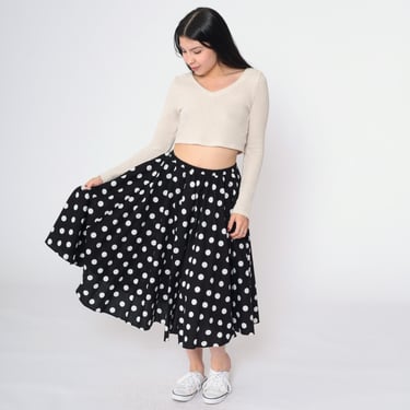 Vintage 90s Polka Dot Circle Skirt Black and White Elastic Waist Full Swing Midi Skirt 1990s High Waisted Small Medium 