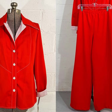 Vintage Red Mod Pantsuit Jumpsuit White Dagger Collar Long Sleeve Pants Suit Set Button Front Shirt Jacket Separates Haypence Large 1960s 