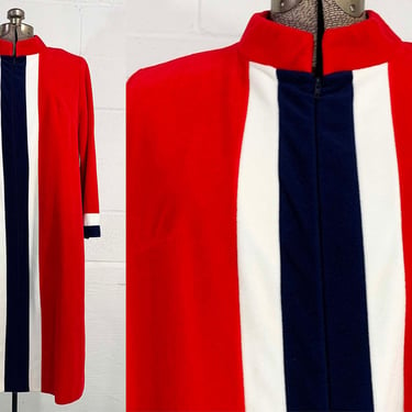 Vintage Red Velvet Robe Zip Front Maxi Long Sleeve Vanity Fair 1970s Blue White Striped Mod Costume Halloween PJs Pajamas Housecoat XL 