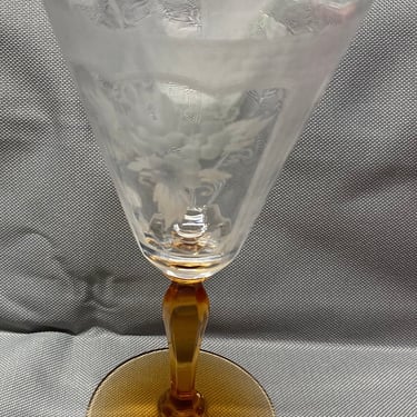 Beautiful 7 Brown Antique pillar Wine Glass Set~  Etched Crystal Stemware Glasses~ bell shaped ribbed bowl~ engraved grapes, leaves~ 7” tall 