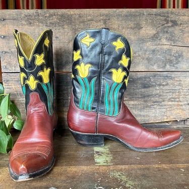 AMMONS Handmade Floral Tulip Inlay Boots | Retro Vintage Style Shorties, Cowboy Southwestern Rockabilly, El Paso Texas | Mens 9 Women's 10.5 
