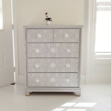 Sold#Boho gray and white inlay dresser, custom order.  Marrakech,  vintage chest hand painted, painted furniture nj NYC 