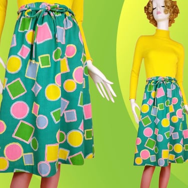 Vintage colorful abstract skirt. 70s/80s. Elastic waist with tie belt. Bright & playful A line doodle. (M/L) 