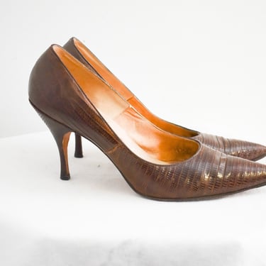 1950s Brown Snakeskin Stilettos, Size 8AAA 