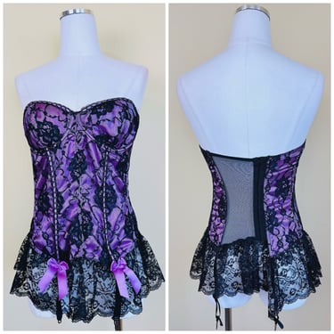 1990s / Y2K Frederick's Of Hollywood Purple Witchy Corset / 90s Lace Ribbon Ruffled Strapless Bustier / Size 38 