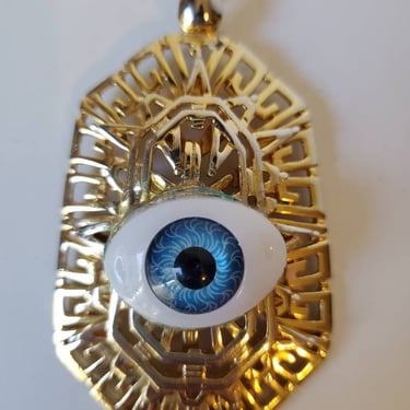 Vintage gold deco filigree pendant with blue eye by Amanda Alarcon Hunter for Minx and Onyx 