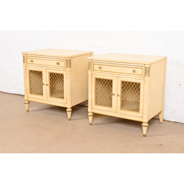 Kindel Furniture French Regency Louis XVI Cream Lacquered Parcel Gilt Nightstands, Pair