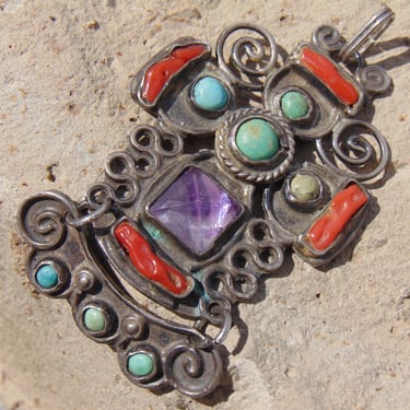 MATL ~ Vintage Salas Sterling Stone and Coral Cross Pendant with Amethyst and Swinging Bottom 
