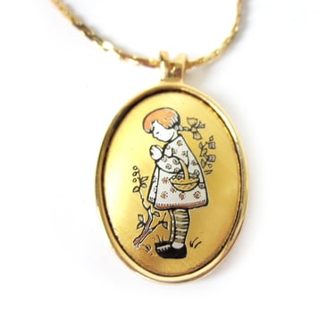 Devotion to Mother Pendant, Berta Hummel, Reed and Barton Damascene Jewelry Collection, Mothers Day, Gold Oval Pendant, Vintage Necklace 