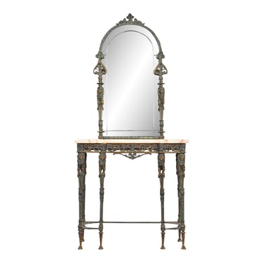 Antique Neoclassical Bronze Marble Top Console With Mirror Attributed to Oscar Bach
