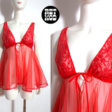 Sexy Vintage 70s Red Hot Lace Lingerie Babydoll 
