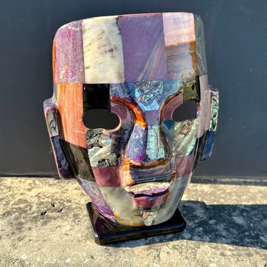 Artisan Made Inlaid Stone Mayan Mask Sculpture 