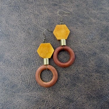 Wooden hexagon earrings, earth tone 