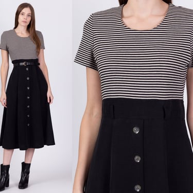 90s Grunge Two Tone Striped Midi Dress - Medium | Vintage Button Front A Line Black White Pocket Dress 