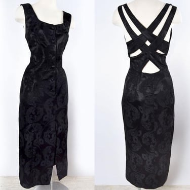 80's Black Long Dress, Jacquard, Vintage Evening Party Dress, size LARGE, Damask, 1980's Ninalee USA LBD 