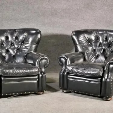 Pair of Tufted English Georgian Style Club Chairs Recliners