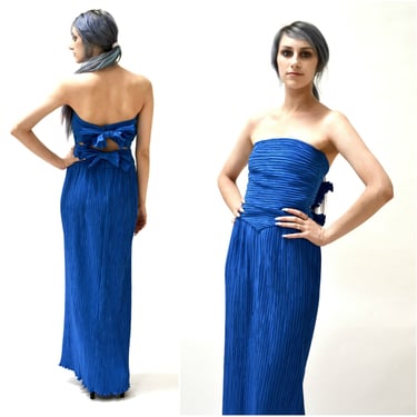 70s Vintage Blue Strapless Evening Gown Dress Small XS Cobalt Blue Chishom Halle Mary McFadden// 70s Vintage Blue Long strapless Dress XS 