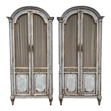 Vintage Hickory Manufacturing Company Gustavian Style French Blue Hand Painted Armoire - a Pair 
