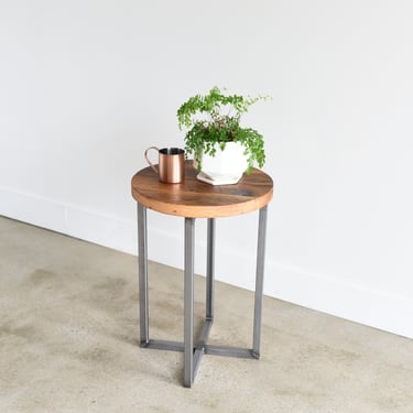 Round Side/End Table With Reclaimed Wood & Industrial Steel Base 