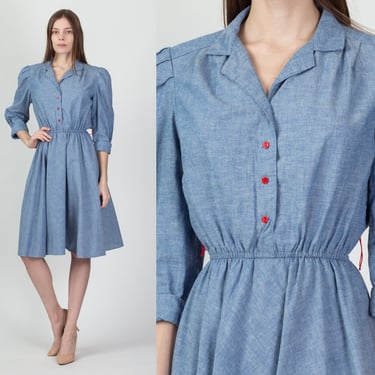 70s 80s Chambray Midi Shirtdress - Small to Medium | Vintage Stuart Alan Boho 3/4 Sleeve Button Up Dress 